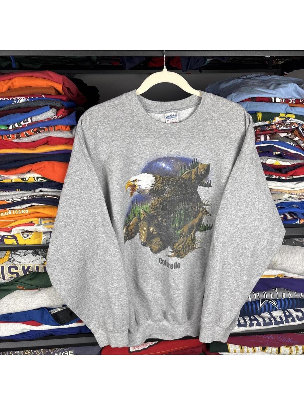 Vintage Y2K Colorado Wildlife Crewneck Sweatshirt Eagle Wolf Gray Sz XL